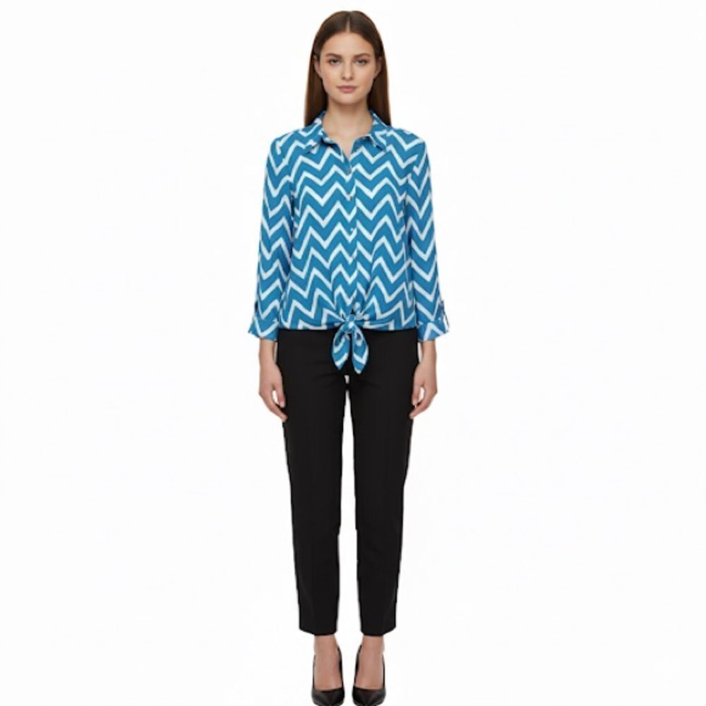 Peter Nygard Blue & White Chevron Roll Tab Sleeves Tie Front Button Shirt